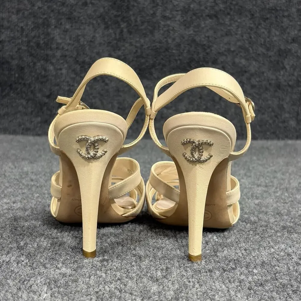 Chanel Strappy Sandals Womens 6 Beige Quilted Leather CC Logo Heels Italy